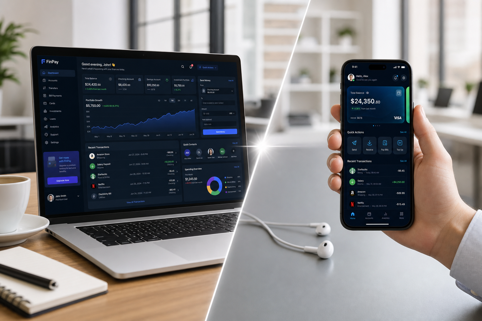 Fintech web and mobile app device mockup