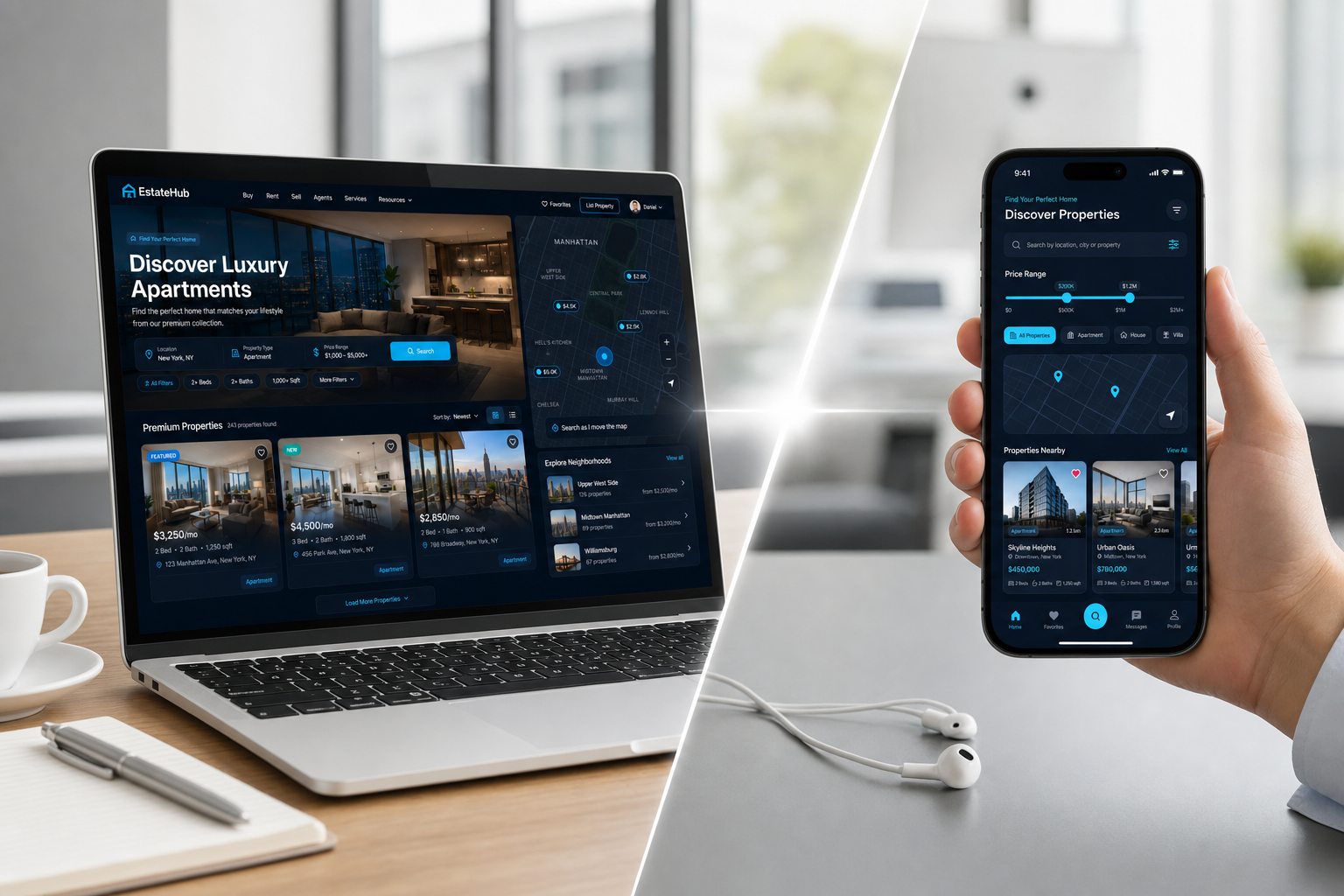 Real estate web and mobile app device mockup