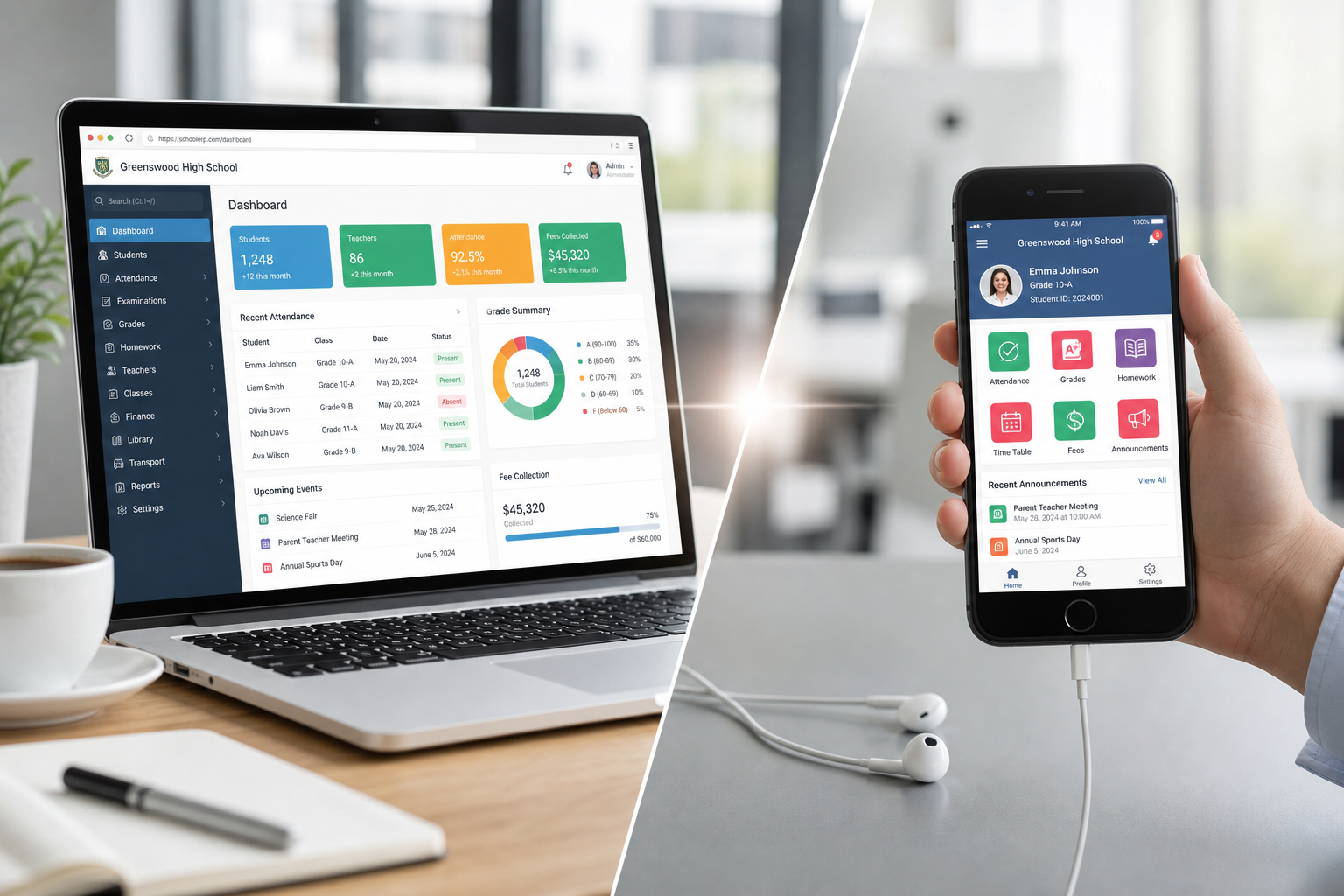 School ERP web and app mockup